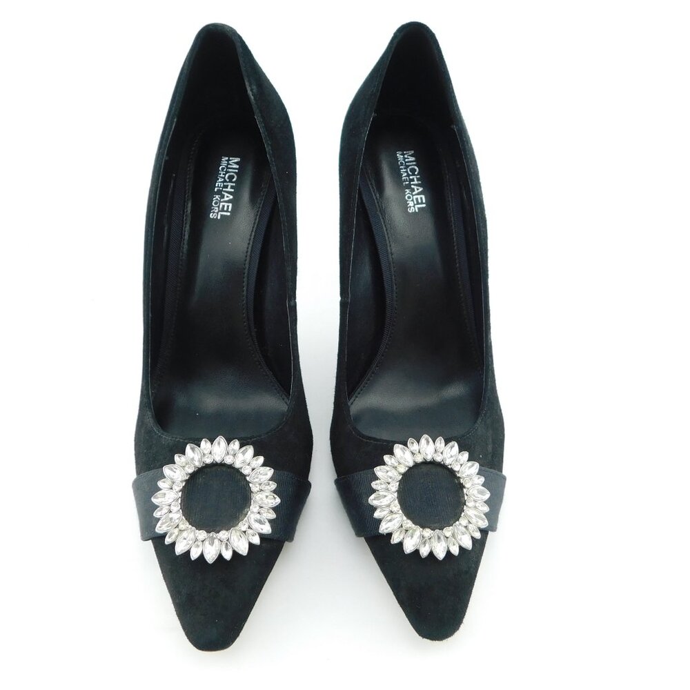 MICHAEL KORS Crystal Embellished Buckle Black Suede Leather Heels Pumps 8
